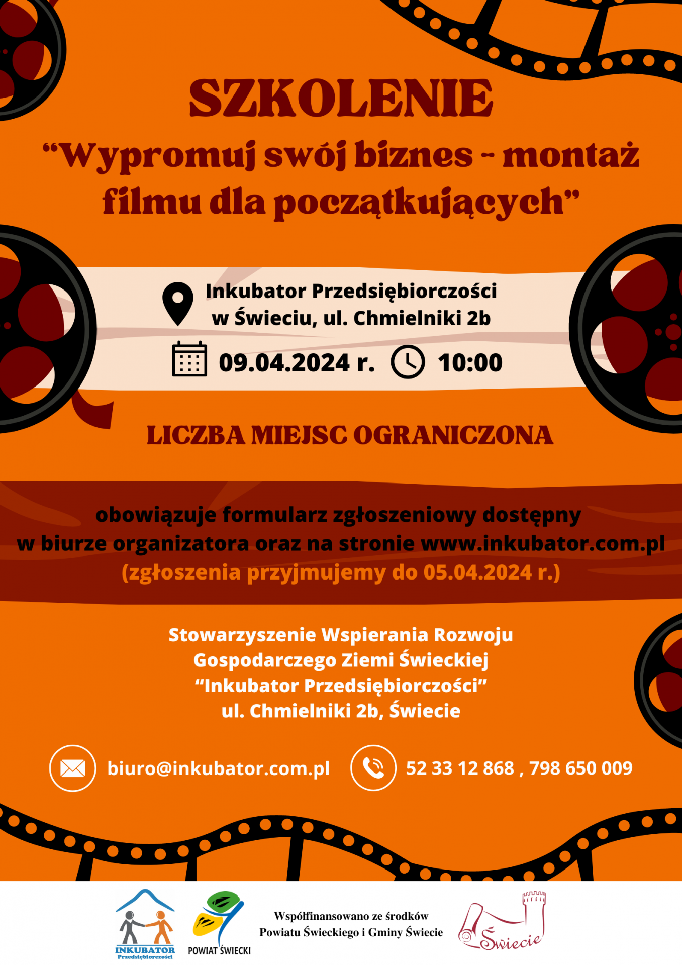 plakat promujący bezpłatne szkolenia pt. "Wypromuj swój biznes - montaż filmu dla początkujących"