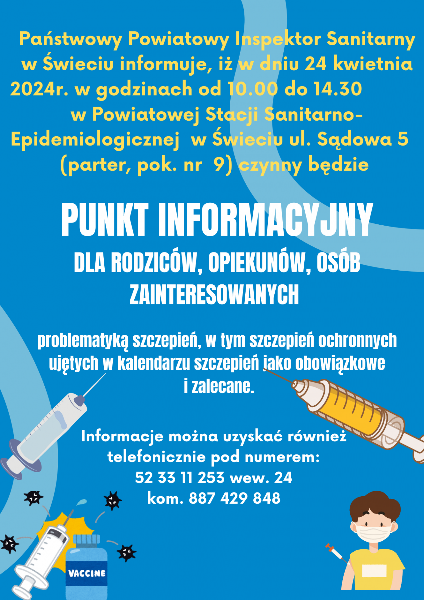 Plakat informacyjny o punkcie informacyjnym dot. szczepień.